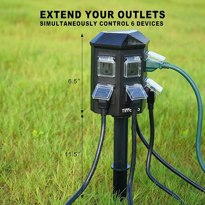 TiFFCOFiO Outdoor Power Strip Weatherproof, 25 FT Extension Cord with Stake, 6 Grounded Outlets for Christmas Yard Decorations and Inflatables, 15A/1875W, ETL Listed