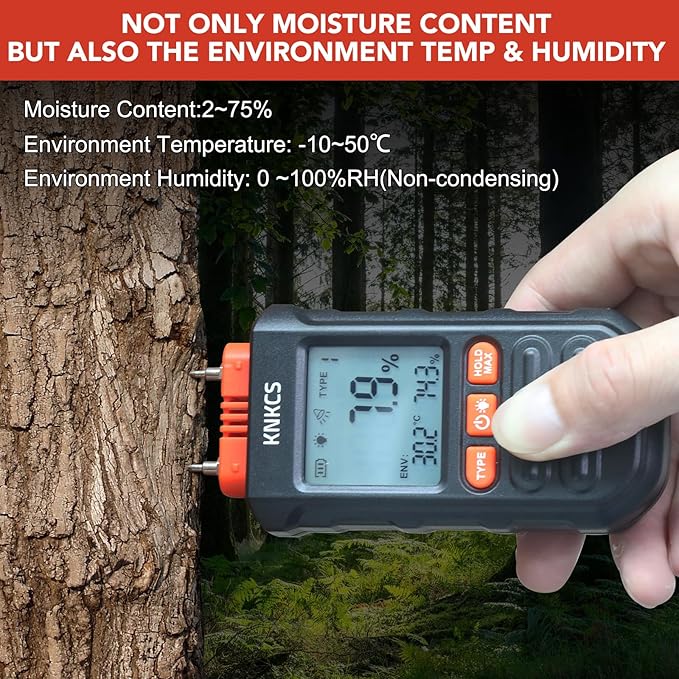 Wood Moisture Meter for Lumber - Ideal Moisture Meter for Wood, Firewood, Lumber, Bricks, Floors, Drywall - Accurate to 0.1% with Backlit LCD, Temperature & Humidity Display