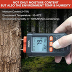 Wood Moisture Meter for Lumber - Ideal Moisture Meter for Wood, Firewood, Lumber, Bricks, Floors, Drywall - Accurate to 0.1% with Backlit LCD, Temperature & Humidity Display