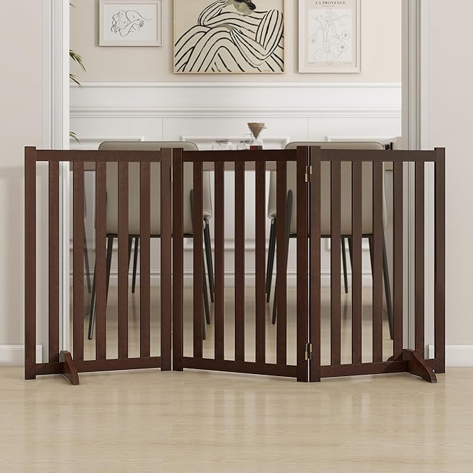 30" Height Tall Freestanding Pet Gate, Solid Wood Folding Safety Fence Wooden Dog Gate with 2 PCs Support Feet Ideal for Stairs, Doorways, Halls, Kitchens, Heavy Duty Gates, 3 Panels, Walnut