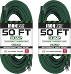 Iron Forge Cable 2 Pack Weatherproof 50 Ft Outdoor Extension Cord - 16/3 SJTW Heavy Duty Green Extension Cord 3 Prong - 13 Amp Exterior Power Cable