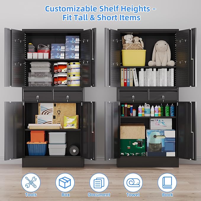 Metal Garage Storage Cabinet with 2 Drawers and 2 Adjustable Shelves, Rolling Tool Storage Cabinet with Wheels and Locking Doors for Garage, Warehouse, Black