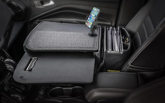 AutoExec GripMaster Car Desk for Your Vehicle Workstation and Mobile Office, Black with 400 watt Power Inverter and Phone Mount