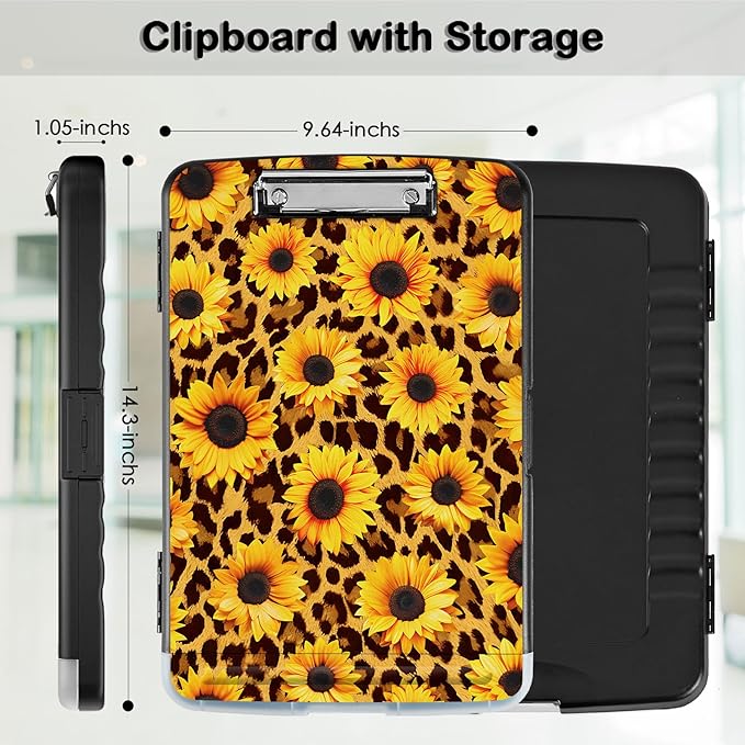 Clipboard with Storage,Office Supplies Nursing Clipboards Folder with Pen Holder Plastic Storage ClipBoard Foldable for Teacher Nurse,Sunflower Leopard Print