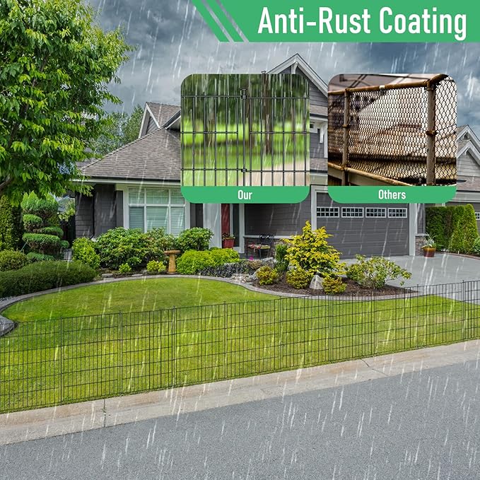 10 Panels Garden Fence Dog Fence Outdoor for Yard,24in H x 20ft L Rustproof Metal Fencing with Ground Stakes|No Dig Temporary Animal Proof Containment for Pets/Rabbits|Durable Patio Security Panels