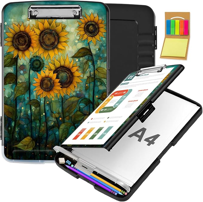 Clipboard with Storage,Office Supplies Nursing Clipboards Folder with Pen Holder Plastic Storage ClipBoard Foldable for Teacher Nurse,Art Sunflowers