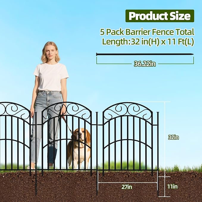 5 Panels 32in(H) Decorative Garden Fence, Total 11ft L Heavy Duty Iron Metal No Dig Animal Barrier Fence, Garden Border Fencing, Temporary Dog Fencing Outdoor for Yard