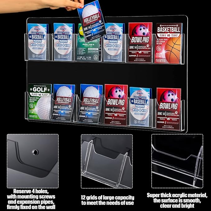 Eersida Acrylic Brochure Pamphlet Holder Brochure Display Stand Business Tri Fold Multi Slot Holder Rack Wall Mount Clear Pocket Space Saver for Flyer Literature Menu Advertise(12 Pockets)