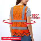 Lace-Mesh Safety Vest for Women & Men - Breathable, High Visibility Vest with Zipper & ANSI Class 2 Reflective Strips