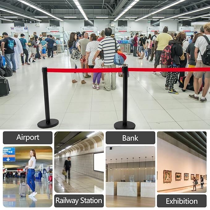 Therwen 6 Pack Heavy Duty Crowd Control Stanchions 9.8 ft Stainless Steel Stanchion Set with Safety Barrier Post Retractable Belt and Sign Holder Crowd Control Barrier(Red Belt, Black)