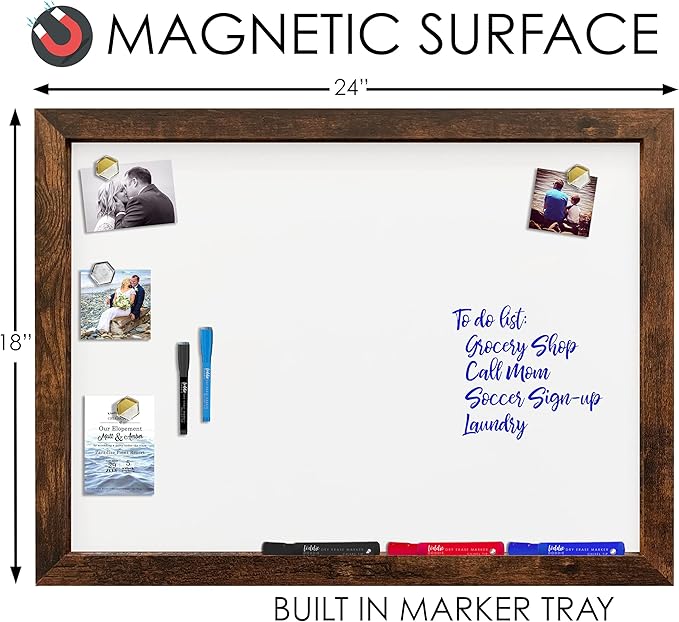 Loddie Doddie Magnetic Dry Erase Whiteboard for Wall - 18" x 24" Rustic Wood Frame with Built-in Marker Tray - Dry Erase Board - Magnetic Board