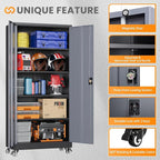 Metal Garage Cabinets with Wheels, Heavy Duty Rolling Storage Cabinet with Lock, Storage Caninet with 2 Doors and 4 Shelves, Tall Tool Cabnet on Wheels for Workshop/Home/Office-(Black Gray 75”H)