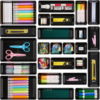 Vtopmart 25 PCS Office Desk Drawer Organizers Set, 4-Size Versatile Plastic Drawer Organizer Trays, Storage Bins for Desk Accessories Office Organizers and Storage, Bathroom, Makeup, Vanity, Black