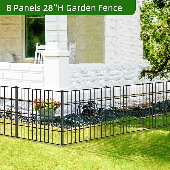 Metal Garden Fence 28in (H) x 18.7ft (L), 8 Panels + 9 Stakes Dog Fence Border Fence Animal Barrier, No Dig Garden Fencing for Yard Flower Bed Lawn Patio Outdoor, PIN282808 Black