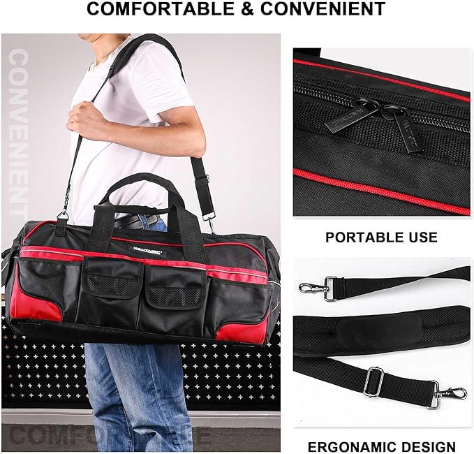 HAUTMEC 24" Large Pro Tool Bag, Heavy-Duty 1680D Double-Layer Fabric Wide Mouth Tool Bag with Metal Frame & Thickened Base, Padded Shoulder Strap & Rotary Buckle, 36 Pockets & Level Holder - HT0284