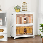 Storage Bins with Lids and Wheels, 199QT-99.5QT*2Tier Collapsible Bathroom Storage Cabinet with Clear Doors, Plastic Stackable Closet Organizers and Containers White