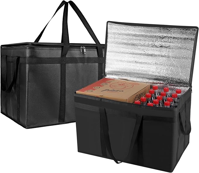 2PK XXXL Insulated Food Delivery Bag - Reusable Thermal Cooler Grocery Bags for Catering & Delivery, Pizza Carrier for Events, Large Capacity Bag Keeps Food Hot/Cold for Shopping, Commercial, Black