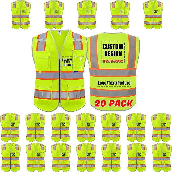 BeautyWill Custom Logo 10 Pockets Safety Vest Class2 ANSI Certified High Visibility Reflective Vest