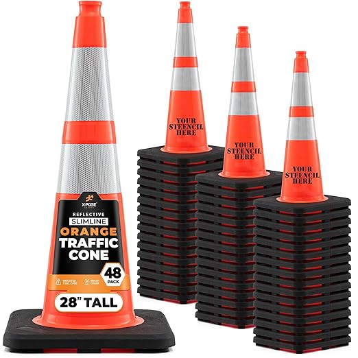 Xpose Safety 28 Inch Orange Slim Line Traffic Cones with 6" & 4" Collars, 48 Pack Multipurpose PVC Plastic Safety Cone for Parking, Soccer, Caution, Kids & Construction - DOT Approved