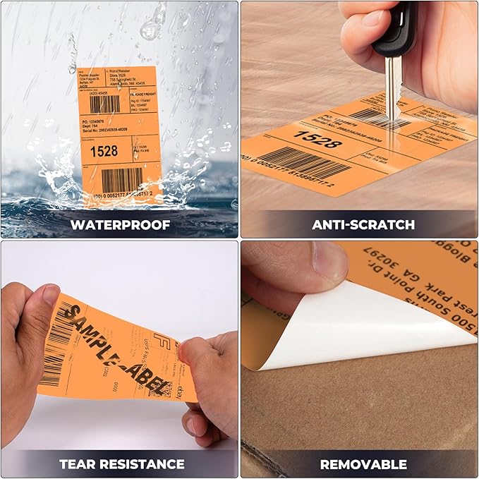 Orange Thermal Labels 3 × 5 Inch Vinyl Self-Adhesive Fanfold Direct Shipping Stickers Waterproof Perforated Printer Decal for Office Warehouse Barcode 300 PCS