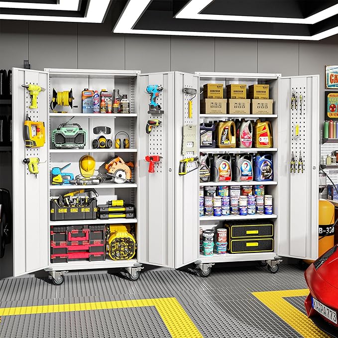 Greenvelly 72" Metal Storage Cabinet with Wheel and Pegboard, Lockable White Metal Garage Cabinets with 2 Doors and 4 Adjustable Shelves, Rolling Steel Tool Cabinet for Garage, Home Office, School