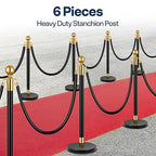 VIVOHOME Iron Stanchion Post Queue 6PCS Pole w/ 4 Red Velvet Ropes, Crowd Control Barriers w/Fillable Base for High-end Venues, Museums, Party Supplies (6 Pieces, Black and Golden)