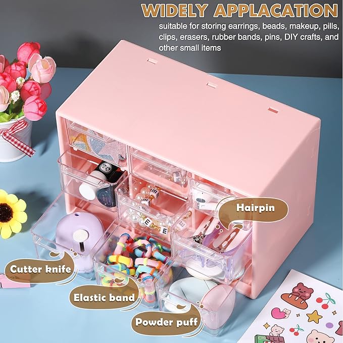 Amyhill 6 Pcs Mini Drawer Organizer Small Organizer with 9 Drawers Plastic Desktop Craft Storage Box for Office Home Room Jewelry Cosmetics Collection(Pink)