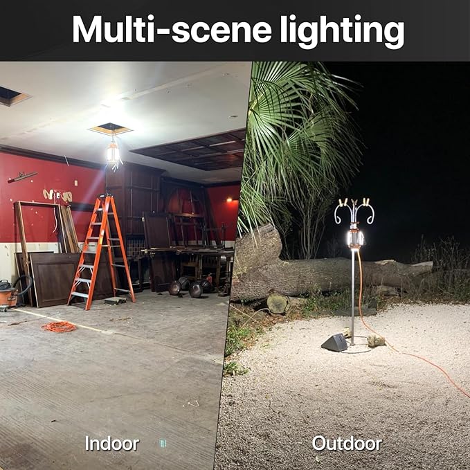 LED Temporary Work Light: 80W 12000LM Led Work Light with Brightness Adjustable Switch, 4 Deformable Panels Portable Construction Light, 5000K Linkable Hanging Work Lamp for Workshop Garage Jobsite