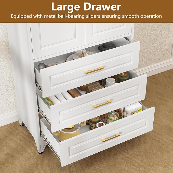Kitchen Pantry Cabinet, 75" Tall Pantry Cabinet with Three Drawers, Metal Storage Cabinets with Doors and Shelves, Freestanding Food Cupboard for Dining, Living Room, White, Assembly Required