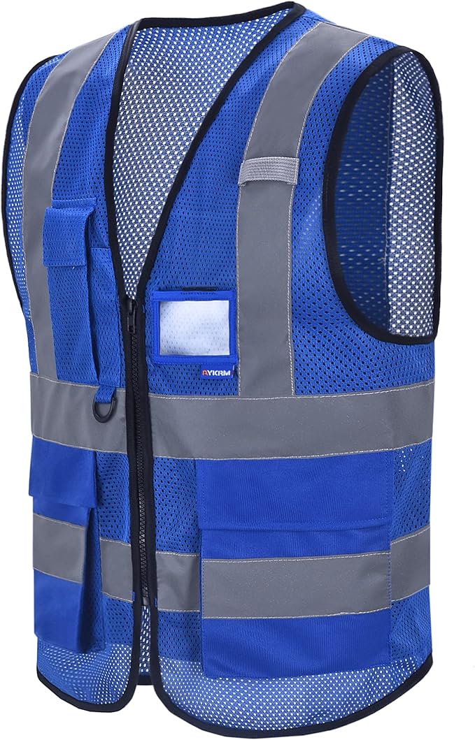 A-SAFETY High Visibility Mesh Safety Reflective Vest with Pockets and Zipper,Hi Viz Work Vest for Men Women (Blue Mesh XL)