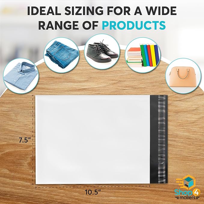 Shop4Mailers Glossy White Plastic Self Seal Poly Mailer Flat Bags Waterproof Shipping Envelope 2.1 Mil for Apparel, Clothes, Shirts, Books – Permanent Adhesive Seal 200 Pack (7.5x10.5)