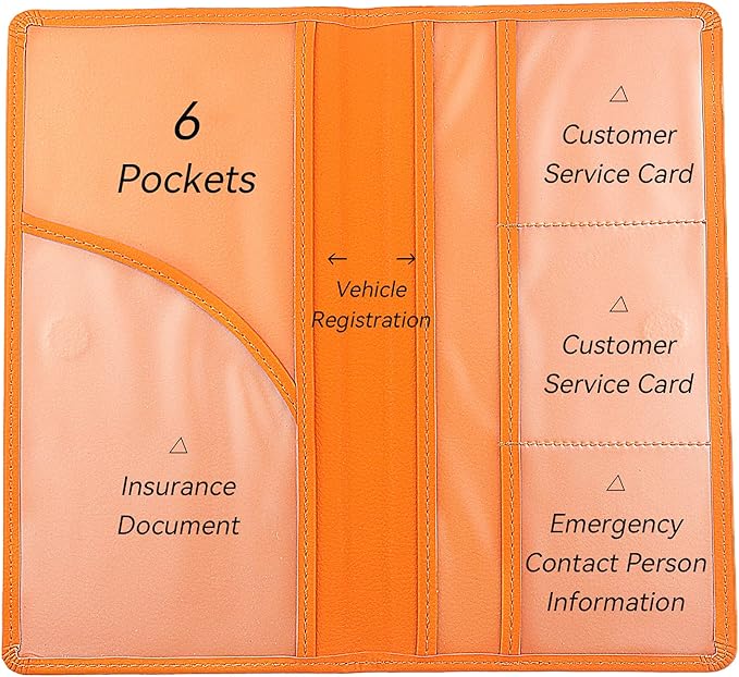 Car Registration and Insurance Holder, Premium Pu Leather Vehicle Glove Box Organizer - for Driver License, Cards & Essential Documents (L-Orange)