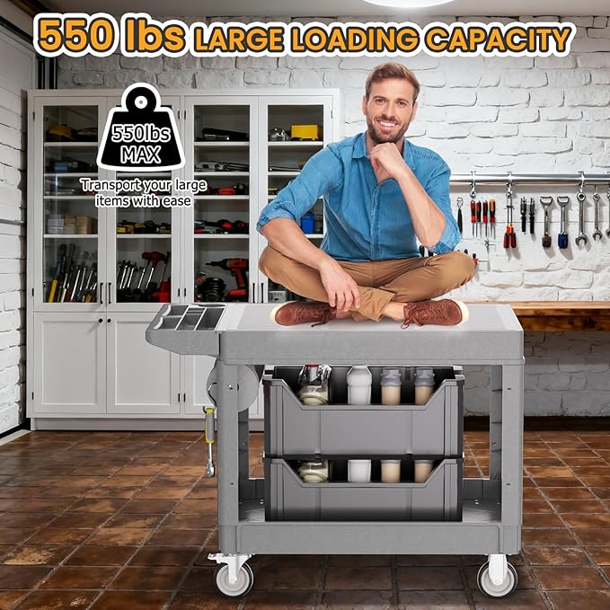 2-Tier Rolling Tool Cart,Heavy-Duty Plastic Service Cart with Lipped Shelves,550 lbs Capacity Utility Cart,Flat Top 46 x 26 Inch Rolling Work Carts for Garage,Salon,Kitchen,Office-Gray