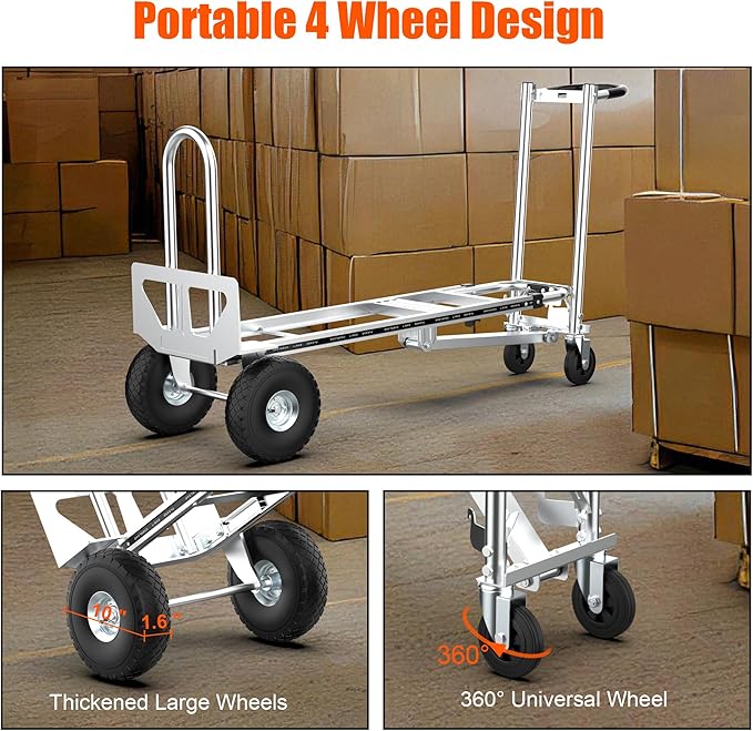3in1 Convertible Hand Truck Dolly Cart, 880 lb Aluminum Hand Trucks Heavy Duty Furniture Appliance Dolly W/10 Wheels,Utility Cart for Transport & Moving Office, Home & Warehouse Use (Silver)