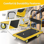 Foldable Push Cart Dolly, Heavy Duty Flat Bed Cart with Wheels & Non-Slip Mat, 360° Mute Wheels for Easy Maneuver, 660lbs, Easy to Assemble – Ideal for Household Tasks, Grocery Delivery, Yellow