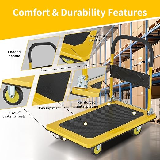 Foldable Push Cart Dolly, Heavy Duty Flat Bed Cart with Wheels & Non-Slip Mat, 360° Mute Wheels for Easy Maneuver, 660lbs, Easy to Assemble – Ideal for Household Tasks, Grocery Delivery, Yellow