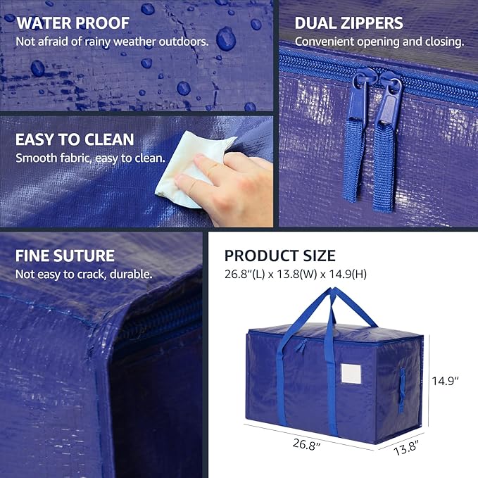 Moving Bags Heavy Duty Extra Large, Moving Boxes, Moving Supplies Essentials, Blue Storage Bins with Lids, Plastic Packing Totes, Storage Bags for Clothes with Handles & Zippers(Blue, 8 Pack)