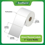 3" x 3" Thermal Labels | 4 Rolls | 2100 Labels | fits Zebra, Munbyn, Rollo, Godex, Arkscan, iDPRT, Offnova Thermal Label Printers and More | Blank White Adhesive Stickers by Ecotherm