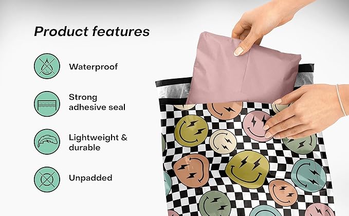 10x13 Poly Mailers – Smiles Checkerboard – Waterproof, Tear-Resistant Shipping Bags with Adhesive Seal – 100 Pack – Package Mint