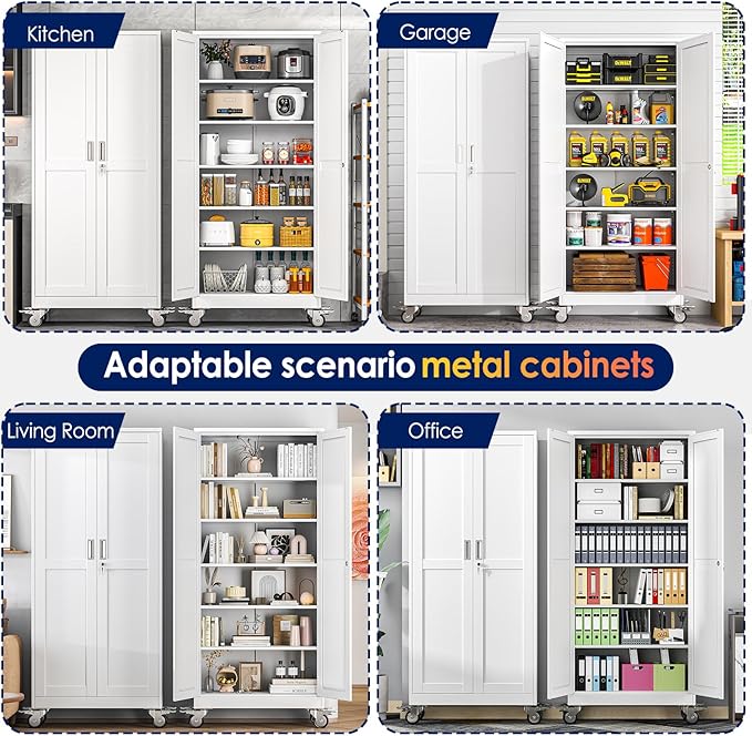 75" H Metal Garage Storage Cabinet, Rolling Tool Cabinet with 2 Doors and Wheels, Locker Steel Cabinet with 5 Adjustable Shelves, Organization Cabinet for Garage,Office,Home,Gym,School（White）