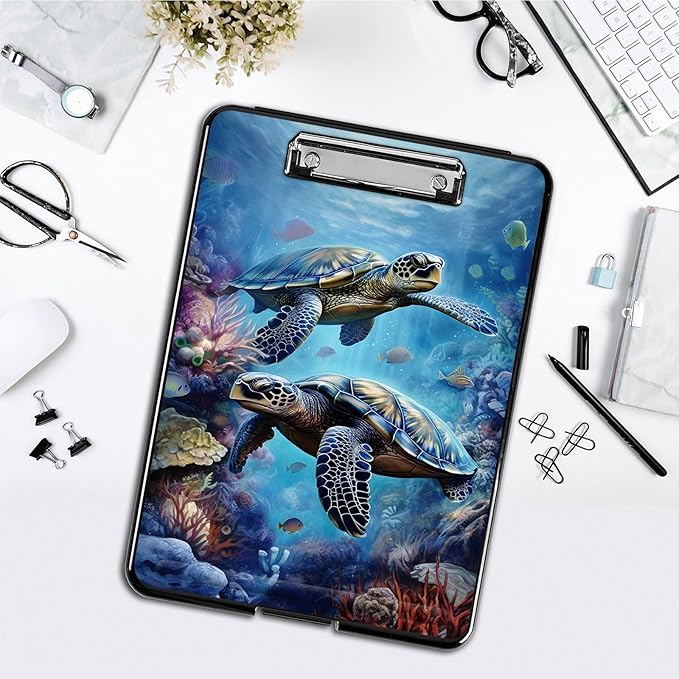Clipboard with Storage,Office Supplies Nursing Clipboards Folder with Pen Holder Plastic Foldable Clip Board with Storage for Nurse Teacher,Turtle in Sea