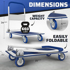 Heavy Duty Foldable Push Cart Dolly | 660 lbs. Capacity | Upgraded Collapsible Hand Truck Folding Platform with Swivel Wheels | Flat Bed Moving Wagon | Space Saving Push Handle (Blue)