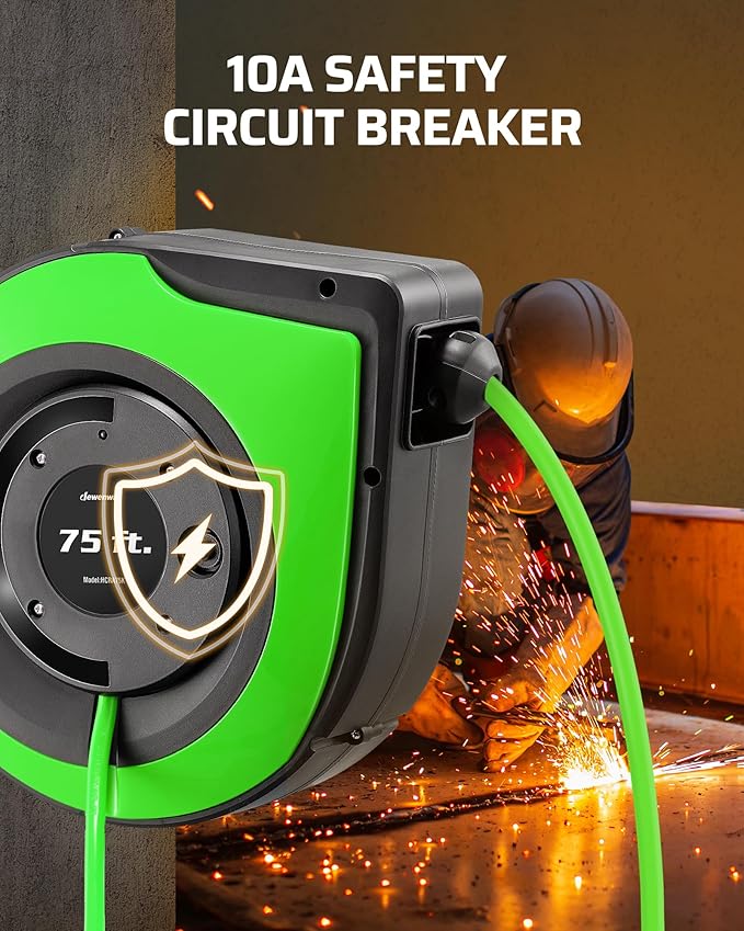 DEWENWILS Retractable Extension Cord Reel, 75 FT Heavy Duty Power Cord, 14/3C SJTOW Retractable Cord Reel, Lighted Triple Outlets, 10A Circuit Breaker, Wall/Ceiling Mount, UL Listed, Green