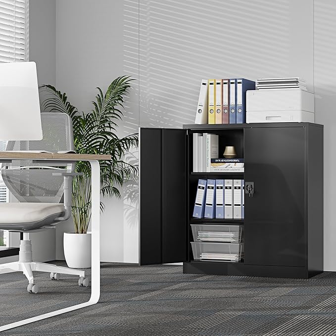 Metal Storage Cabinet, Wide & Deep Storage Cabinet with 2 Doors and Adjustable Shelves, Lockable Tool Cabinet for Garage,Home Office and School (Black)