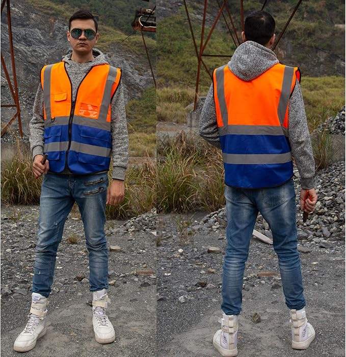 zojo High Visibility Safety Vests With Pockets, Pack of 10,Wholesale Reflective Vest for Outdoor Works, Cycling, Jogging, Walking,Sports - Fits for Men and Women(XL-Mix Orange & Blue)