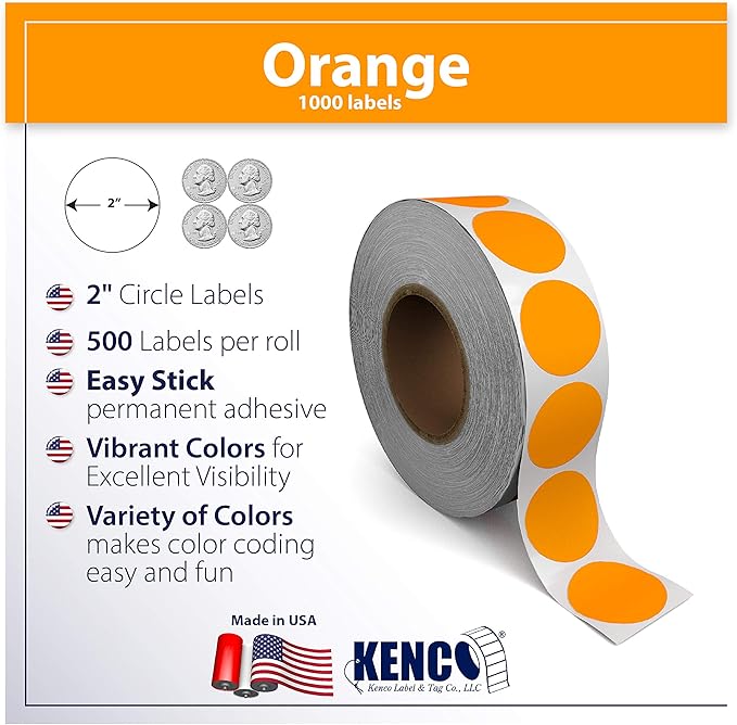 Kenco Color Coding Circle Dot Sticker Labels on a roll (Bright Orange, 2 INCH 500 Stickers)