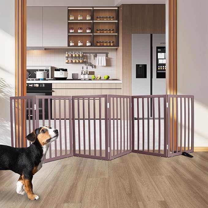 ZJSF Freestanding Indoor Dog Gate for House Foldable Wood Puppy Gate for Doorways Pet Gate for Stairs Extra Wide Pet Fence, Brown, 32" Height 6 Panels
