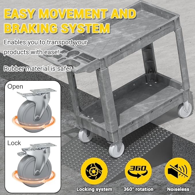 Heavy Duty Plastic Utility Cart with Wheels, Rolling Tool Cart on Wheels, Service Cart for Garage, Warehouse, Workshop, Office, Cleaning (Gray-40.6 inch)