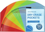 AKONEGE 50 Pack Oversized Dry Erase Pocket Sleeves - 10 x 13 Inch Ticket Holders Reusable Clear Plastic Sleeves Sheet Page Protectors for School Teacher Supplies & Classroom Organization, 5 Colors