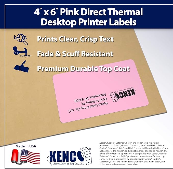 4" X 6" Direct Thermal Perforated Stickers Labels for Shipping Labels, Inventory, and Color Coding - Compatible with Zebra, Rollo, Godex and More (Pink, 1 Roll)